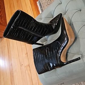 Express Black Faux Croc Midcalf Zip Heels Boots